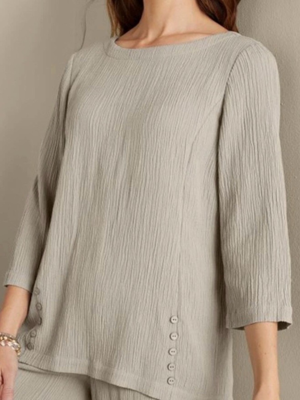 NWT Soft Surroundings Oceo Gauze Tunic Top Pebble Taupe Button Detail Size XS